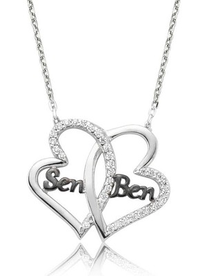 Elwes 925 Ayar Gümüş Kalpli Sen Ben Kadın Gümüş Kolye