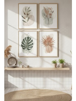 Tontilika Tropikal Yapraklar Dekoratif 4’lü Ahşap Çerçeveli Tablo Seti - Mutfak Dekoru
