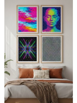 Tontilika Neon Dijital Sanat Dekoratif 4’lü Ahşap Çerçeveli Tablo Seti - Yatak Odası Dekor