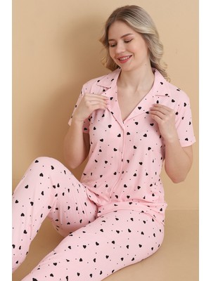 Wordex Mrn 9514 Kalpli Pembe Pegasus Kumaş Düğmeli Kısa Kolu Kadın Pijama Takımı
