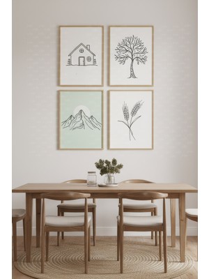 Tontilika Doğal Çizgiler 4’lü Ahşap Çerçeveli Tablo Seti - Minimalist Ev Dekoru