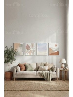 Tontilika Doğal Tonlarda Sakin Soyut Doğa Manzaralı 4’lü Ahşap Çerçeveli Tablo Seti