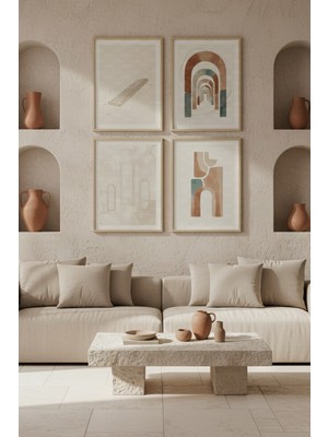 Tontilika Mimari Soyut 4’lü Dekoratif Ahşap Çerçeveli Tablo Seti – Modern Dekor