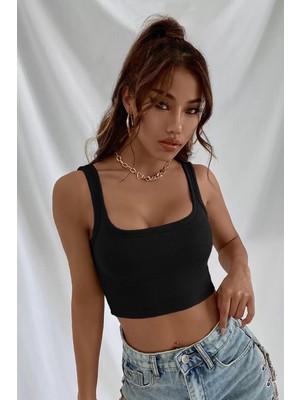 Modenya Kadın Siyah Kalın Askılı Crop Top Büstiyer