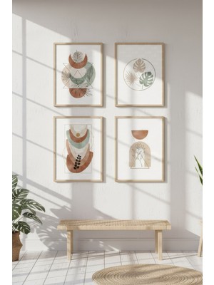 Tontilika Geometrik Yaprak Kompozisyonları Dekoratif 4’lü Ahşap Çerçeveli Tablo Seti - Salon Dekoru