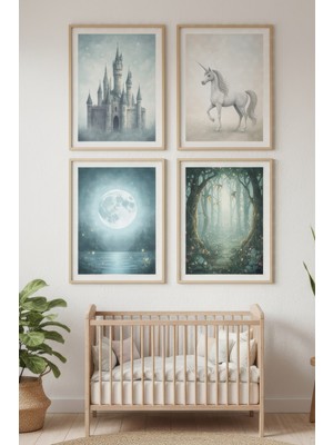 Tontilika Büyülü Orman ve Unicorn Dekoratif 4’lü Ahşap Çerçeveli Tablo Seti - Çocuk Odası Dekor