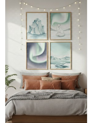 Tontilika Kuzey Işıkları 4’lü Ahşap Çerçeveli Tablo Seti - Arktik Doğa Temalı Dekor