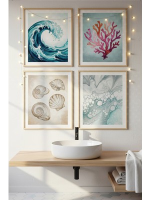 Tontilika Deniz Esintisi 4’lü Ahşap Çerçeveli Tablo Seti - Modern Banyo Dekoru
