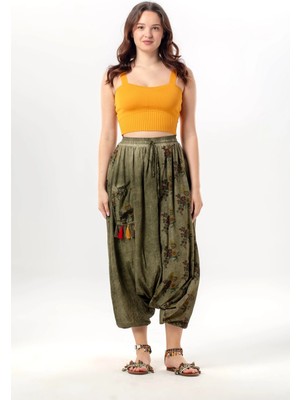 Eliş Şile Bezi Beli Lastikli Otantik Yazlık Kadın Püsküllü Poplin Şalvar Haki Hk