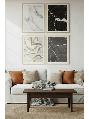 Tontilika Mermer Dokular 4’lü Ahşap Çerçeveli Tablo Seti - Modern Salon Dekoru