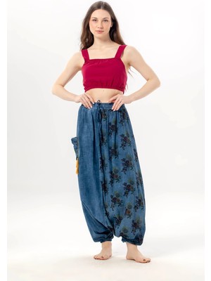 Eliş Şile Bezi Beli Lastikli Otantik Yazlık Kadın Püsküllü Poplin Şalvar Indigo Indg