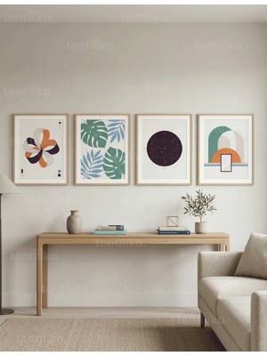 Tontilika Soyut Geometrik Bitkisel Gökyüzü Modern 4’lü Ahşap Çerçeveli Tablo Seti