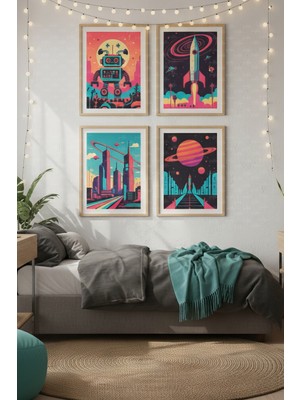 Tontilika Retro Uzay 4’lü Ahşap Çerçeveli Tablo Seti - Modern Genç Odası Dekoru