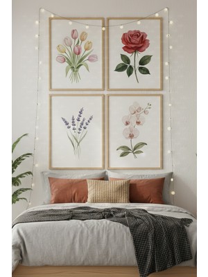 Tontilika Çiçek Bahçesi 4’lü Ahşap Çerçeveli Tablo Seti - Yatak Odası Dekor