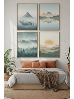 Tontilika Sisli Manzara Dekoratif 4’lü Ahşap Çerçeveli Tablo Seti - Yatak Odası Dekor
