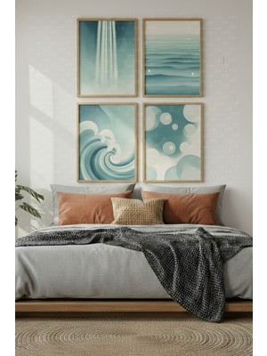 Tontilika Okyanus Dalgaları 4’lü Ahşap Çerçeveli Tablo Seti - Modern Deniz Temalı Dekor