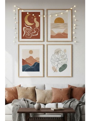 Tontilika Soyut Doğa ve Güneş 4’lü Ahşap Çerçeveli Tablo Seti - Minimalist Salon Dekoru