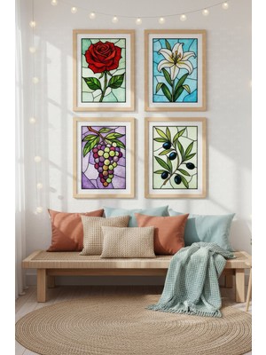 Tontilika Vitray Doğa 4’lü Ahşap Çerçeveli Tablo Seti - Klasik Salon Dekoru