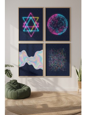 Tontilika Neon Geometrik Formlar Dekoratif 4’lü Ahşap Çerçeveli Tablo Seti - Genç Odası Dekor