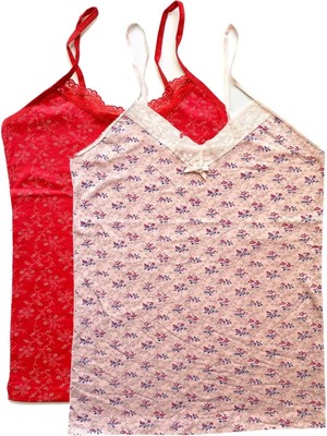 Die Grup 2 Adet Kadın Askılı Desenli Atlet Dantelli Empirme Pamuklu Penye D9-10