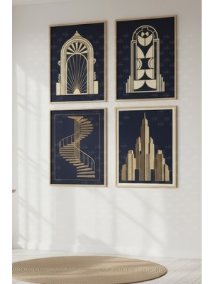 Tontilika Art Deco Altın Mimari Dekoratif 4’lü Ahşap Çerçeveli Tablo Seti - Salon Duvar Dekoru