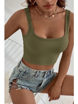 Modenya Kadın Haki Yeşili Kalın Askılı Crop Top Büstiyer