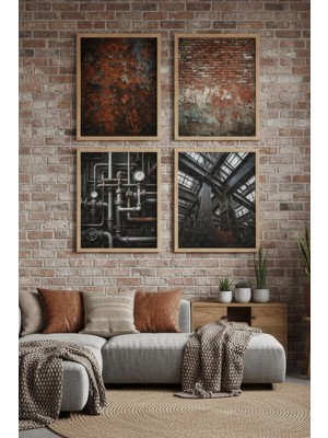 Tontilika Endüstriyel Doku ve Mekanik Yapılar Dekoratif 4’lü Ahşap Çerçeveli Tablo Seti - Salon Dekor
