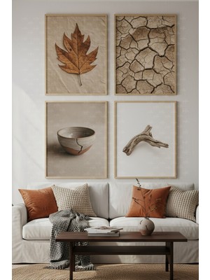 Tontilika Toprak ve Doğa 4’lü Ahşap Çerçeveli Tablo Seti - Kintsugi Esintili Minimal Dekor