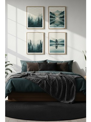 Tontilika Sisli Dağ Manzarası Dekoratif 4’lü Ahşap Çerçeveli Tablo Seti - Yatak Odası Dekoru