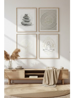 Tontilika Zen Denge Dekoratif 4’lü Ahşap Çerçeveli Tablo Seti - Lotus Temalı Duvar Dekoru