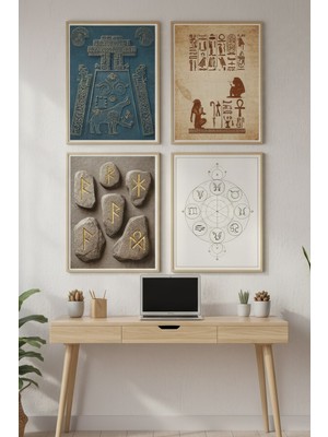 Tontilika Antik Semboller 4’lü Ahşap Çerçeveli Tablo Seti - Çalışma Odası Dekor