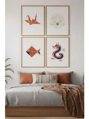 Tontilika Origami Sanatı 4’lü Ahşap Çerçeveli Tablo Seti - Yatak Odası Dekor