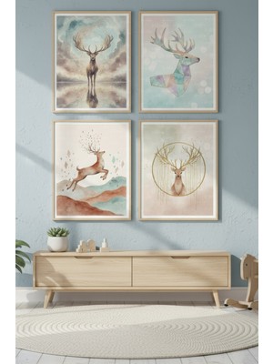 Tontilika Geyik Illüstrasyonları 4’lü Dekoratif Ahşap Çerçeveli Tablo Seti – Minimal Tema