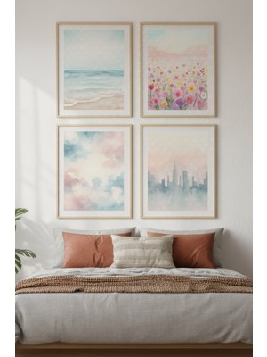 Tontilika Pastel Manzara ve Çiçek Temalı Dekoratif 4’lü Ahşap Çerçeveli Tablo Seti - Yatak Odası Dekor