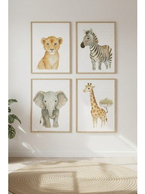 Tontilika Afrika Hayvanları Dekoratif 4’lü Ahşap Çerçeveli Tablo Seti - Çocuk Odası Dekor