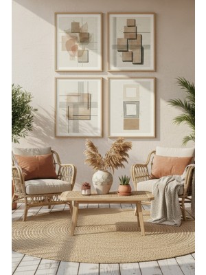 Tontilika Geometrik Dokular 4’lü Dekoratif Ahşap Çerçeveli Tablo Seti – Modern Tema Dekor