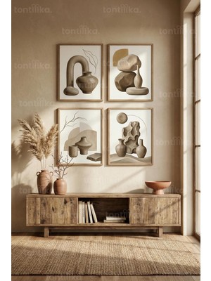 Tontilika Organik Toprak Tonları ile Soyut Çömlek Sanatı 4’lü Ahşap Çerçeveli Tablo Seti