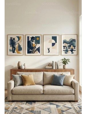 Tontilika Caz Ritimleri ve Müzisyenler 4’lü Ahşap Çerçeveli Tablo Seti