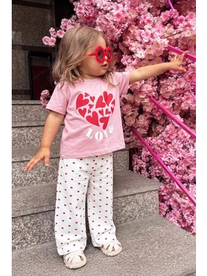 Monila Kız Çocuk Pamuklu Pembe Kalp Baskılı T-Shirt ve Kalpli Müslin Pantolon Alt Üst Takım