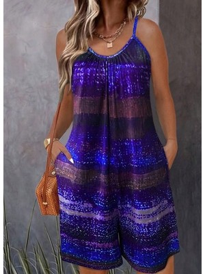 Beruflic Kadın Ip Askılı Yuvarlak Yakalı Cepli Desenli Kısa Süprem Tulum