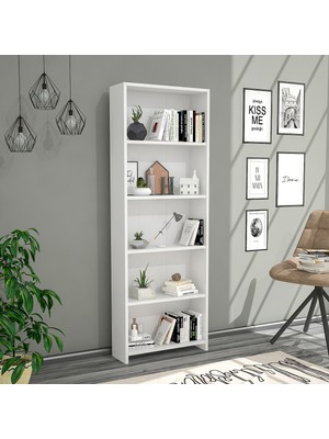 Pelin 5 Raflı Beyaz Kitaplık – Modern Çok Amaçlı Raflı Kitap Dolabı