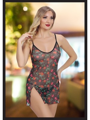 Velmora Floral Transparan Mini Gecelik – Siyah Çiçek Desenli
