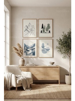 Tontilika Iskandinav Minimalist Doğa Manzaralı 4’lü Ahşap Çerçeveli Tablo Seti