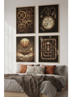 Tontilika Steampunk Mekanik Tasarımlar Dekoratif 4’lü Ahşap Çerçeveli Tablo Seti - Yatak Odası Dekor