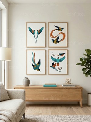 Tontilika Uçan Kuşlar Temalı 4’lü Ahşap Çerçeveli Tablo Seti