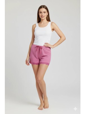 Die Grup Bambu Fitilli Kadın Ev Şortu Bacak Dantel Detaylı Ev Giyim Fuşya
