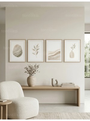 Tontilika Doğal ve Sakin Tonlarda Soyut Doğa 4’lü Ahşap Çerçeveli Tablo Seti
