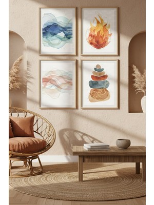 Tontilika Element Soyut 4’lü Dekoratif Ahşap Çerçeveli Tablo Seti – Modern Dekor