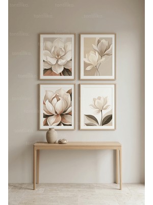 Tontilika Nötr Botanik Temalı Magnolia Çiçekleri 4’lü Ahşap Çerçeveli Tablo Seti