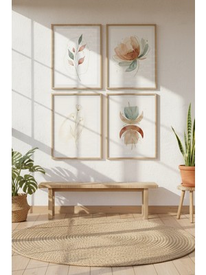 Tontilika Pastel Botanik Çizimler 4’lü Dekoratif Ahşap Çerçeveli Tablo Seti – Doğal Tema Dekor